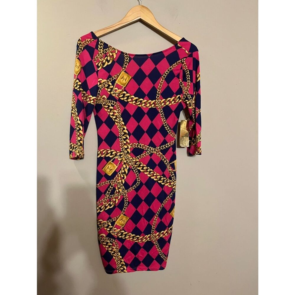 Nicki Minaj Pink, Navy & Gold Chain-Print Midi Dress